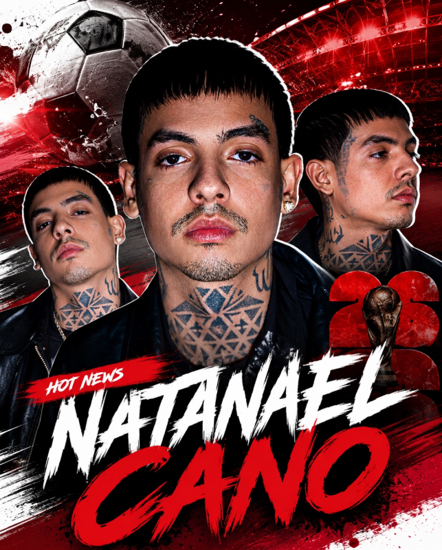 Natanael Cano en arte editorial rojo y negro inspirado en fútbol y música para noticia del álbum oficial FIFA 2026
