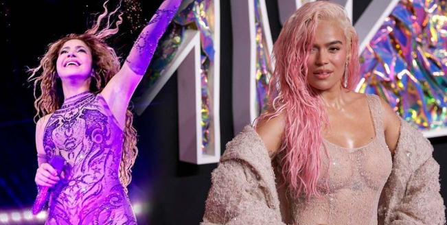 Visual editorial de VEDA Music PR sobre Shakira y Karol G en los AMAs 2026